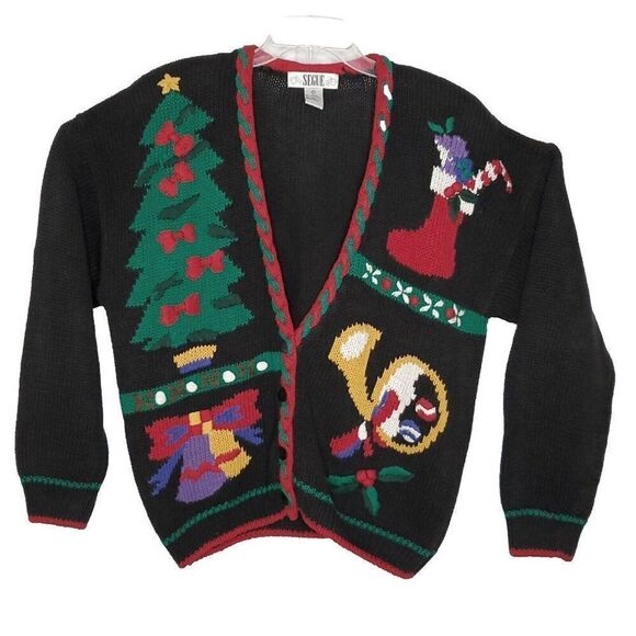 90s Ugly Christmas Cardigan Sweater XL Black Tree Stocking Bells French Horn - Picture 1 of 5